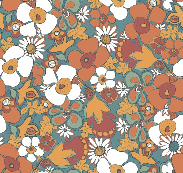 Floral Doodles Pattern in Teal Rust