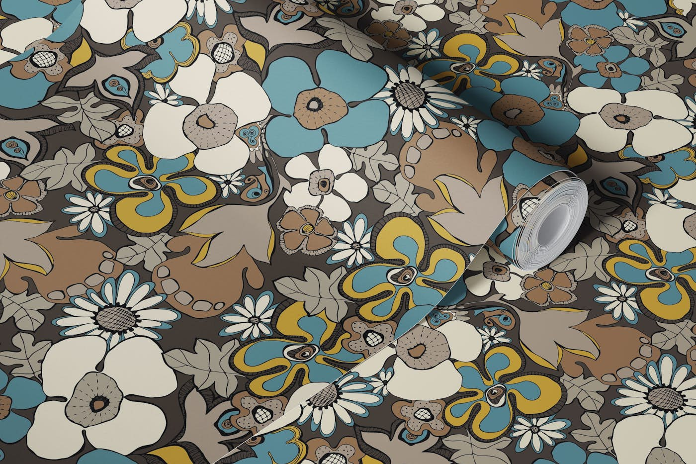 Floral Doodles pattern blue beige mustard SMALL wallpaper roll