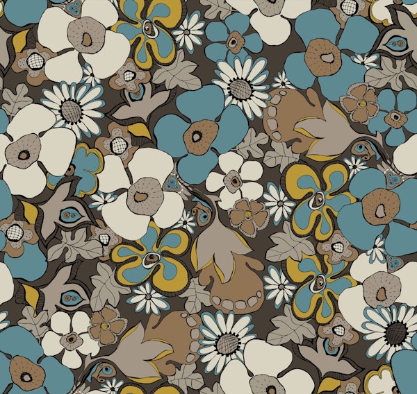 Floral Doodles pattern blue beige mustard SMALL