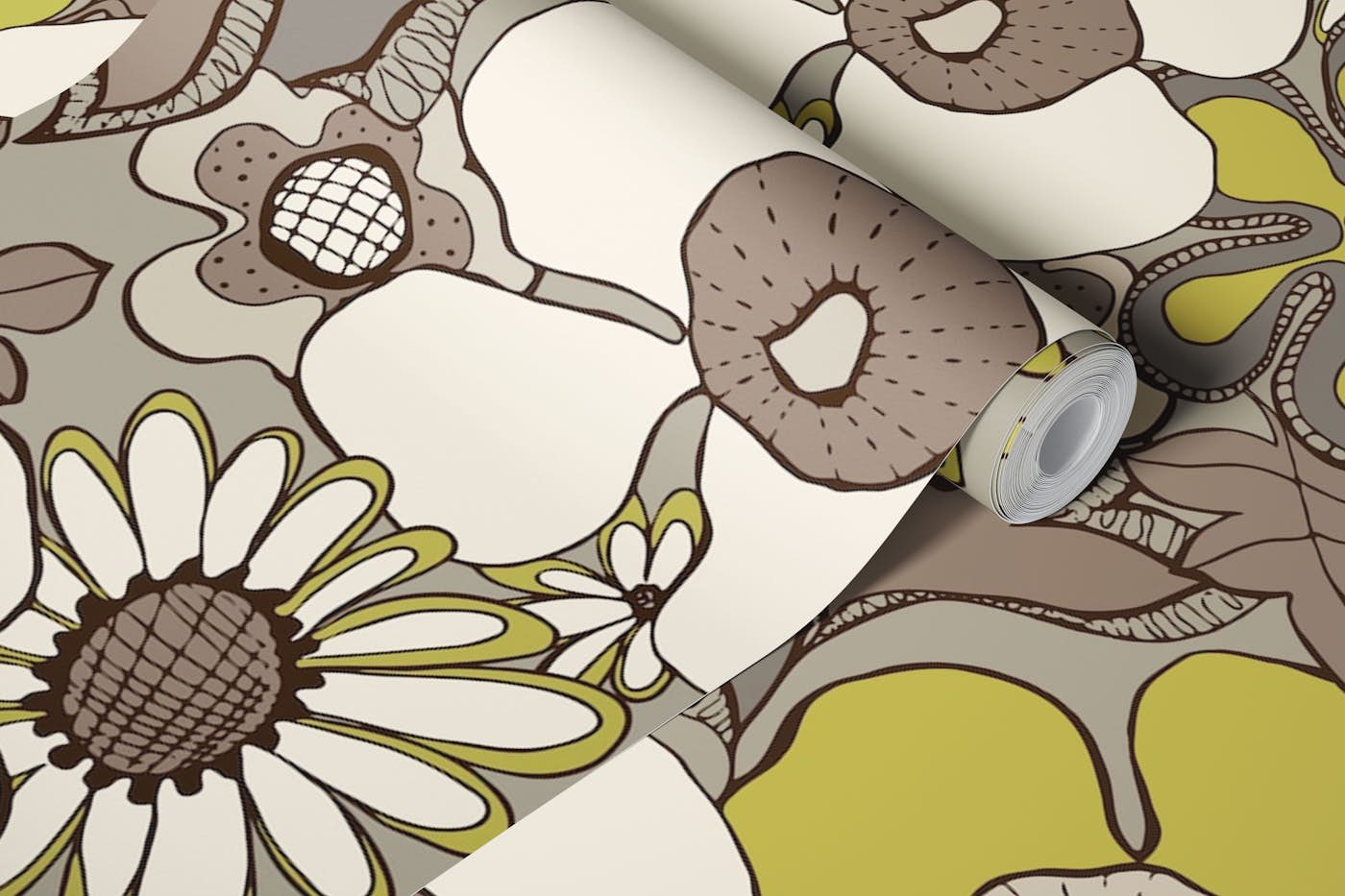 Floral Doodles pattern beige brown green wallpaper roll