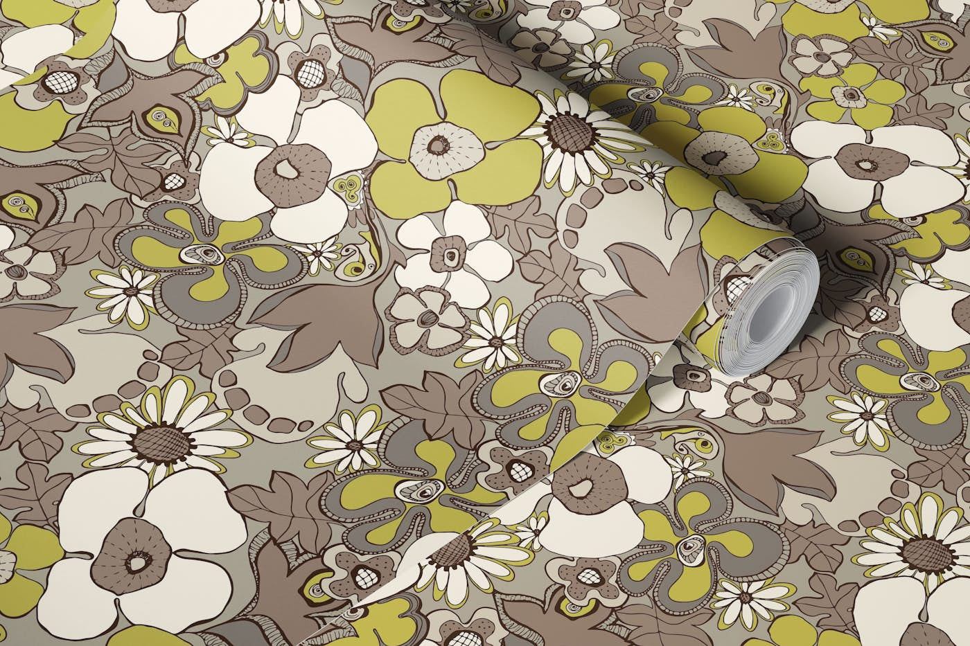 Floral Doodles pattern beige brown green SMALL wallpaper roll