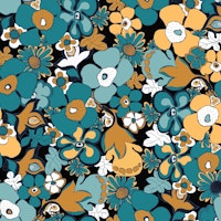Floral Doodles Pattern in Teal Mustard Black White carta da parati