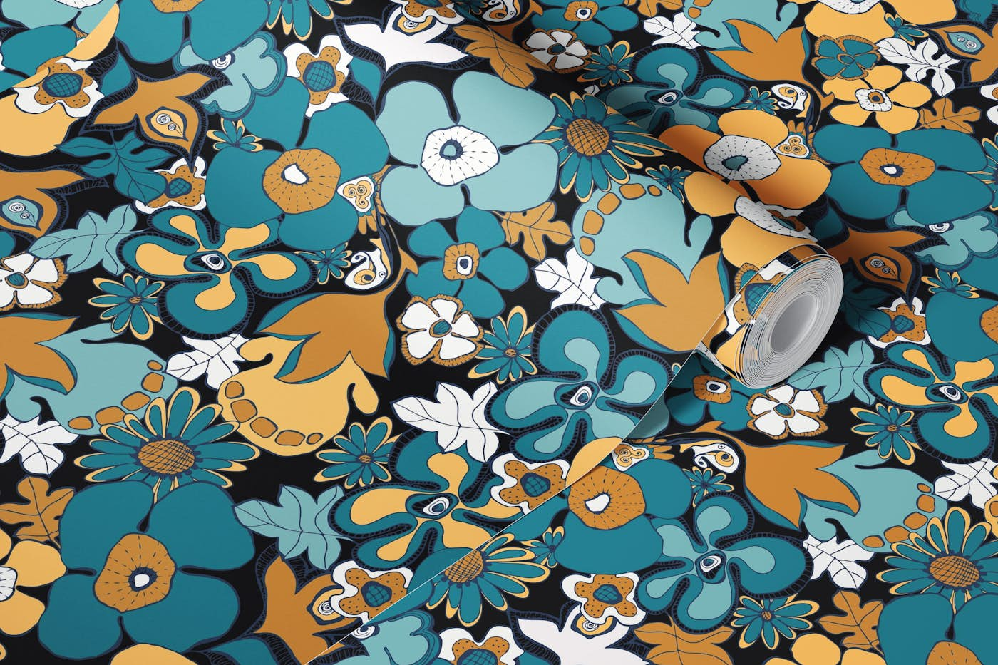 Floral Doodles Pattern in Teal Mustard Black White SMALL wallpaper roll