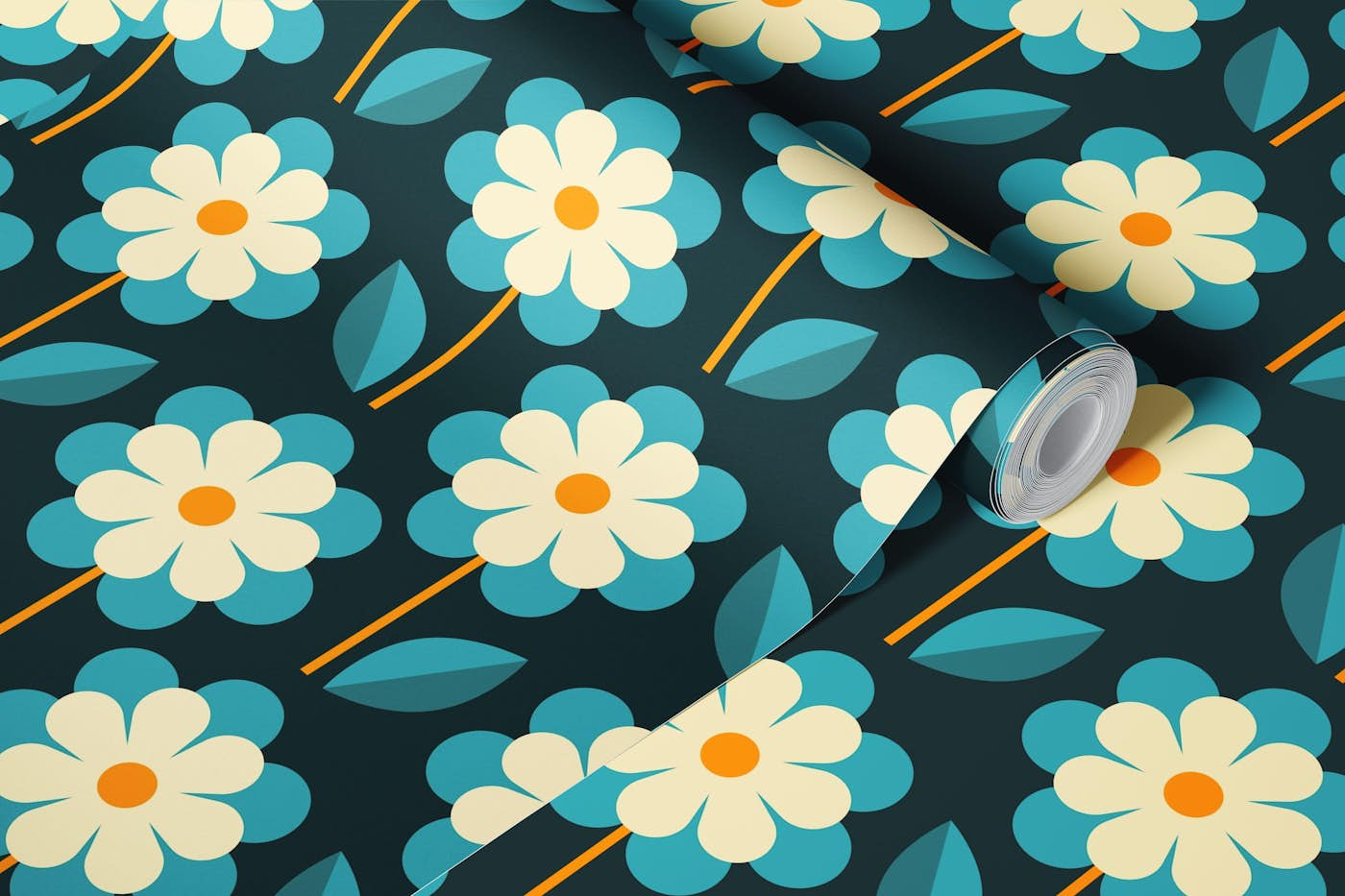 2814 B - scandinavian / retro / granny daisies / blue wallpaper roll