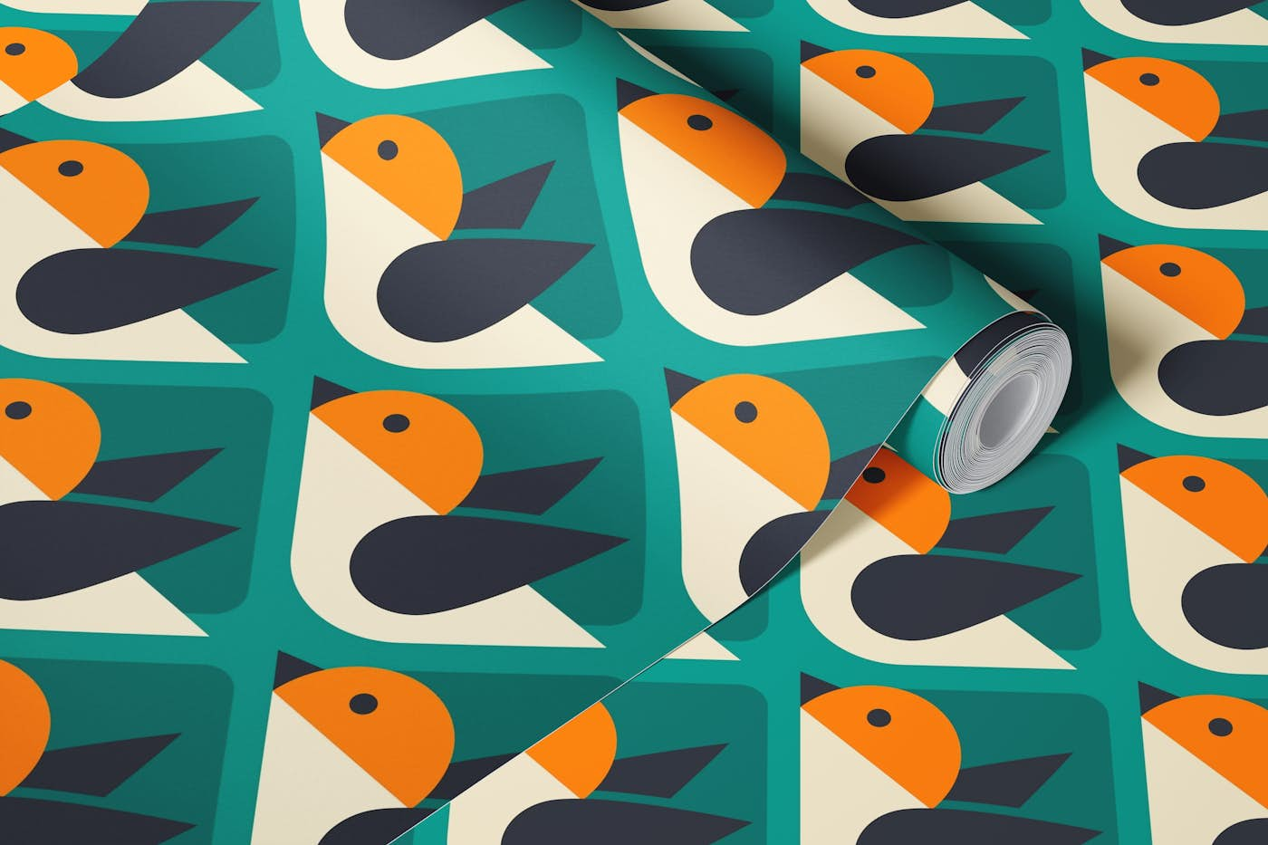 2840 A - geometrical retro birds / teal orange wallpaper roll