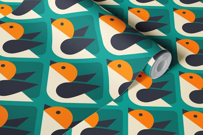 2840 A - geometrical retro birds / teal orangewallpaper roll
