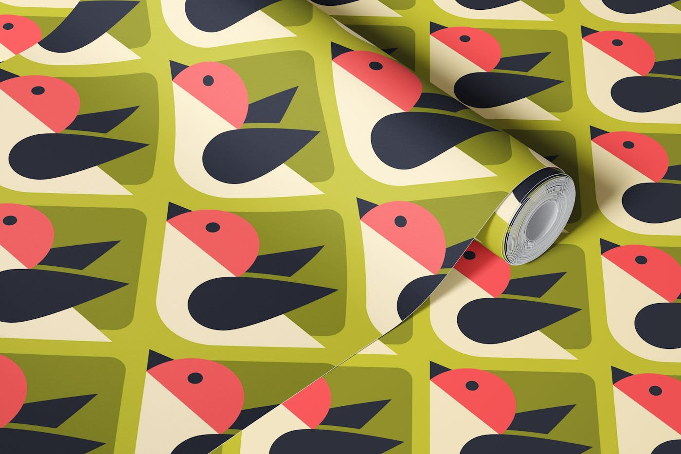 2840 B - geometrical retro birds / green pink wallpaper roll