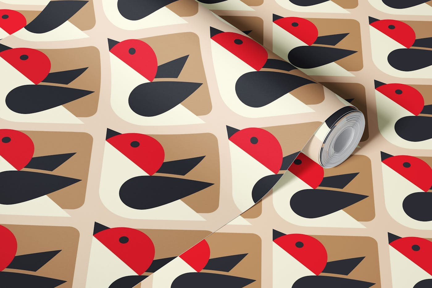 2840 G - geometrical retro birds / brown red wallpaper roll