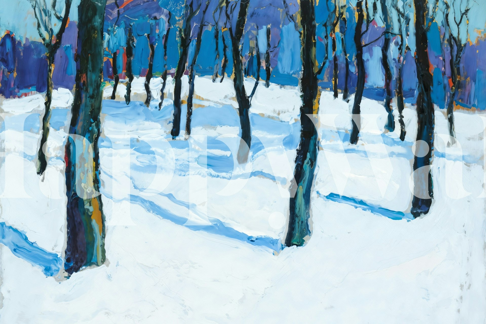 Snowy forest with blue trees and white ground wallpaper