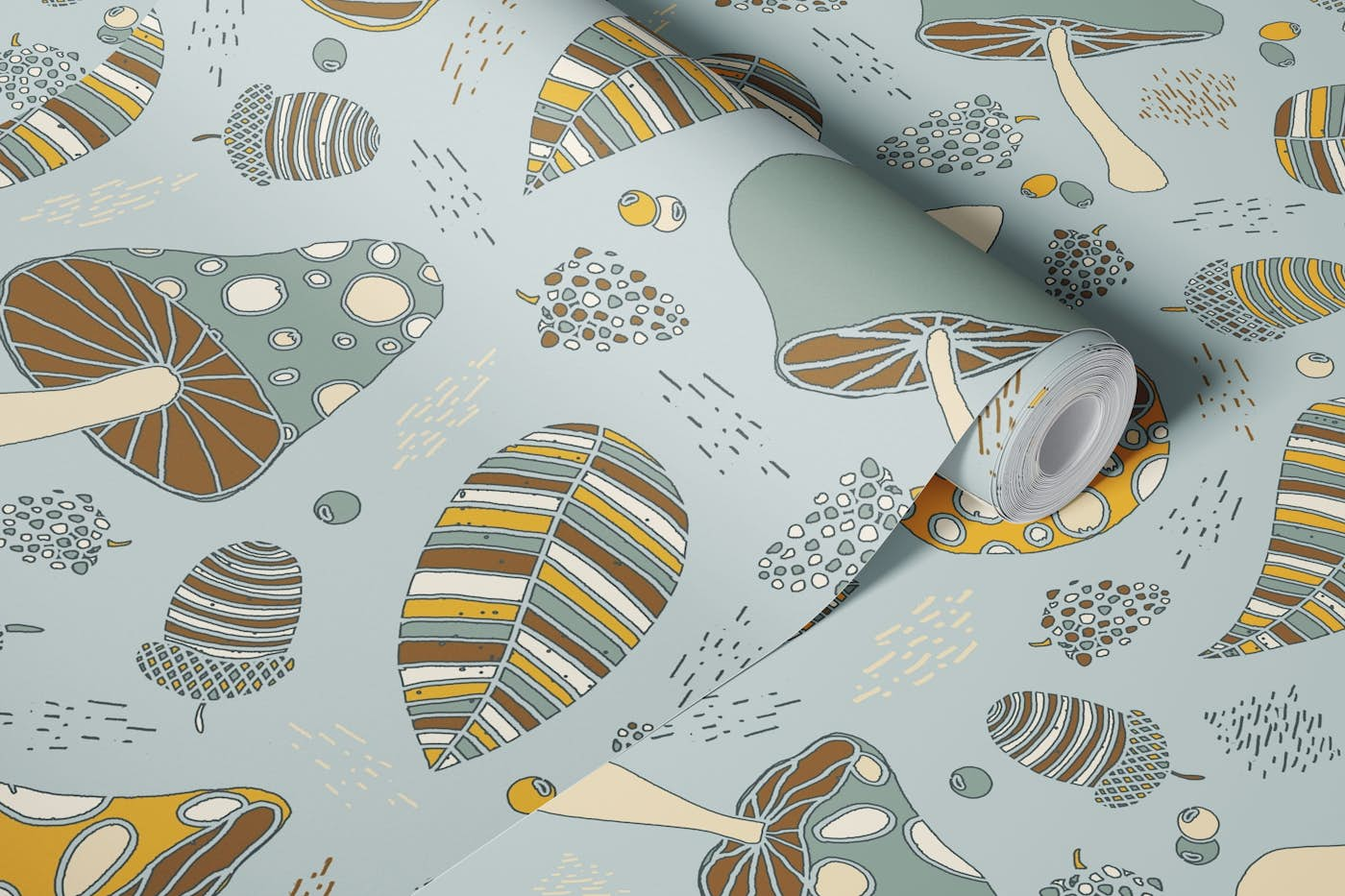 Autumnal fruits and mushrooms soft blue wallpaper roll