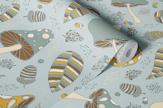 Autumnal fruits and mushrooms soft bluewallpaper roll