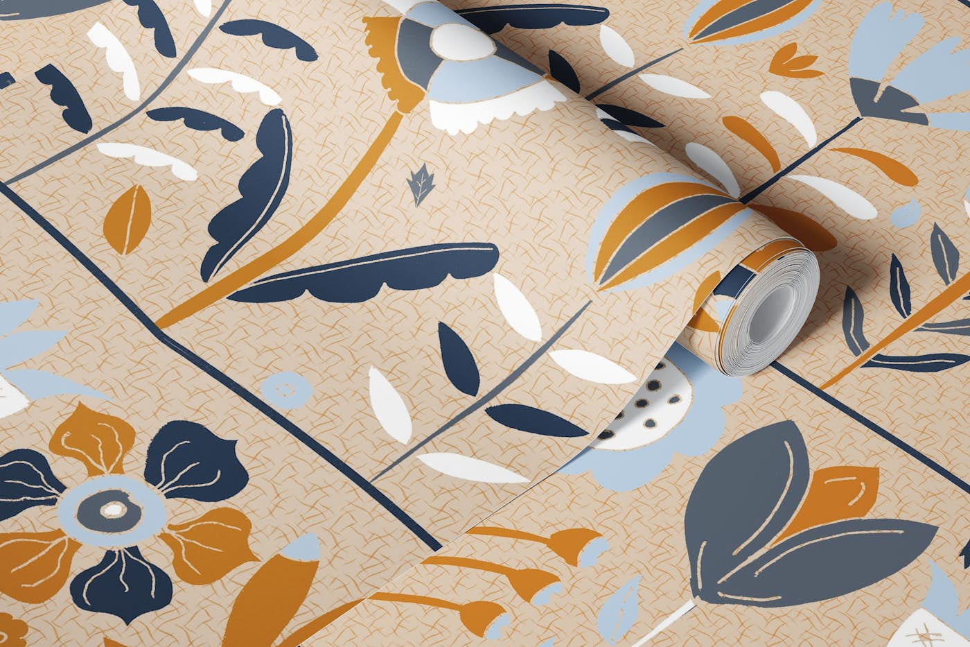 Bountiful Scandinavian Garden Navy and Mustard wallpaper roll