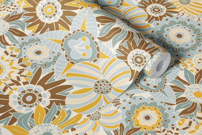 Maximalist Floral Garden Yellow and Bluewallpaper roll