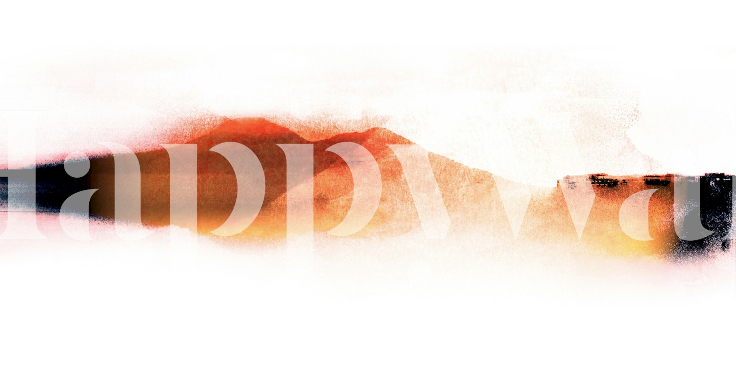 Abstracte zonsonderganghorizon muurschildering met oranje en roze tinten