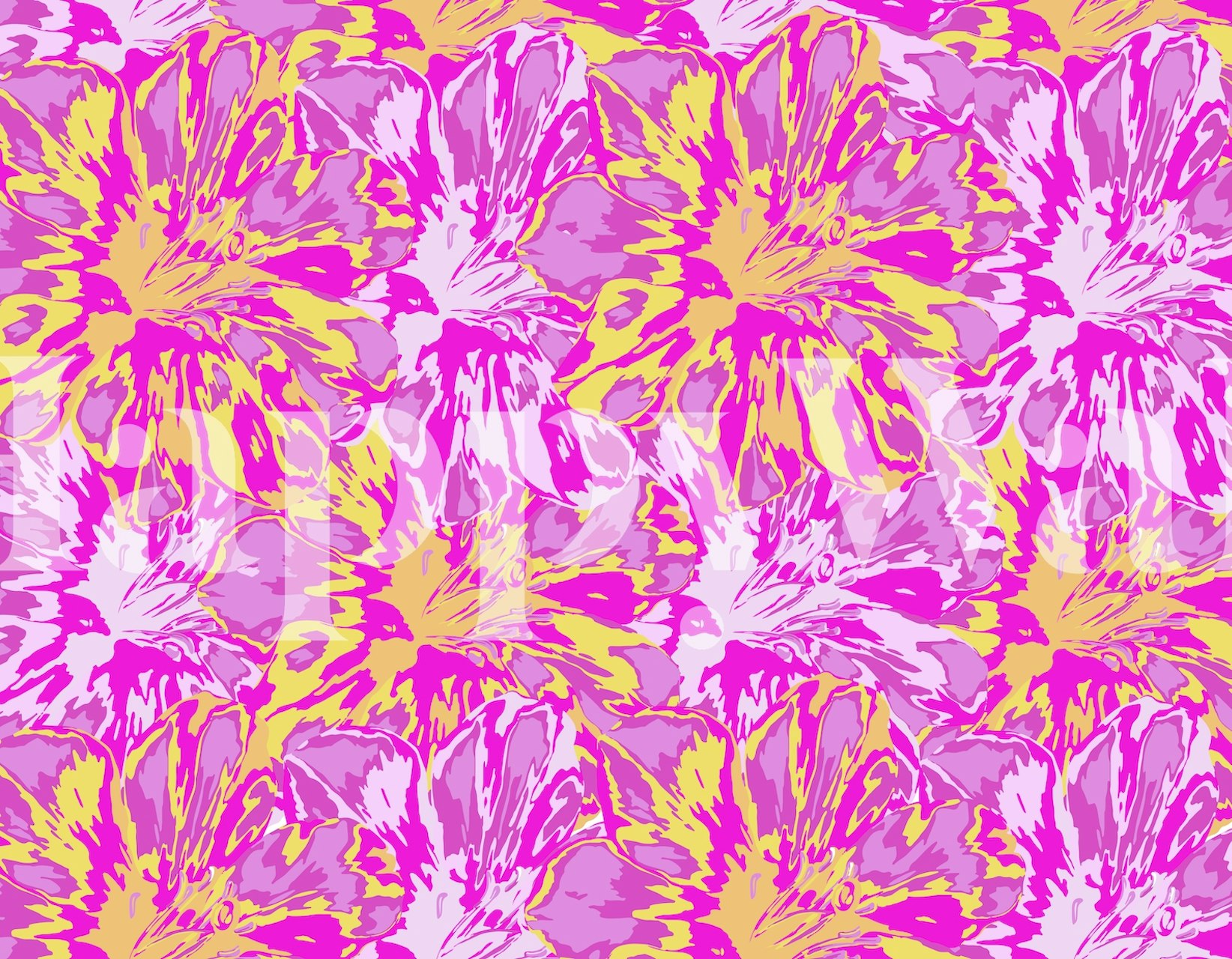 Abstrakt løvmønster vægmaleri i lilla og gul