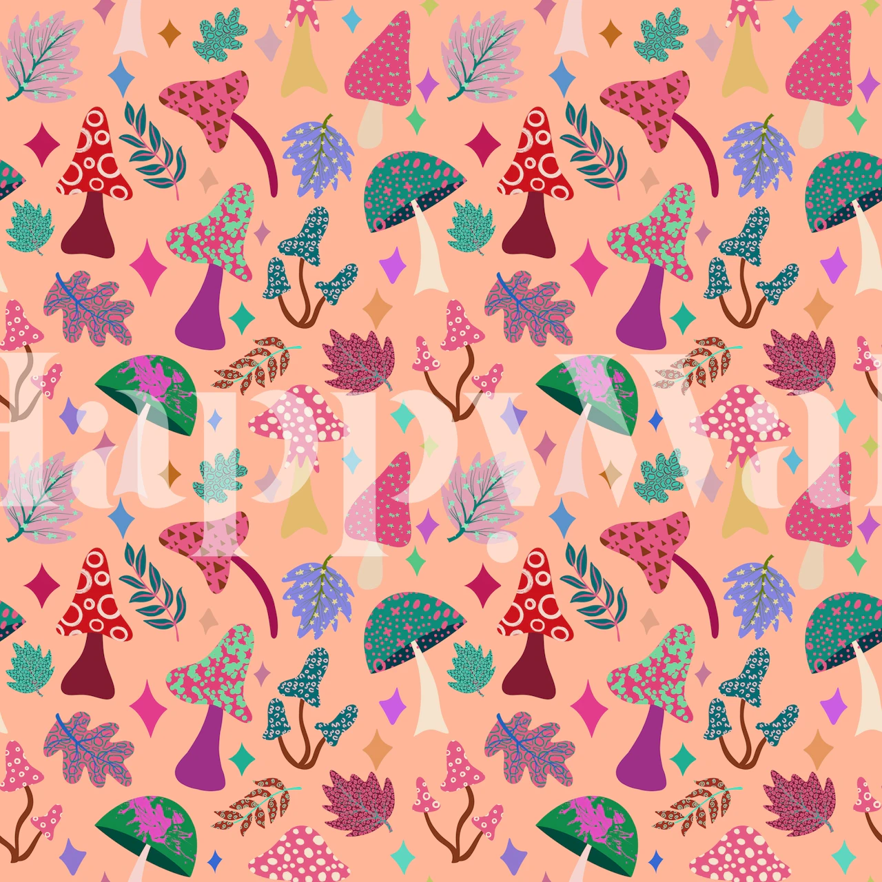 Colorful mushroom pattern with leaves and shapes wallpaper