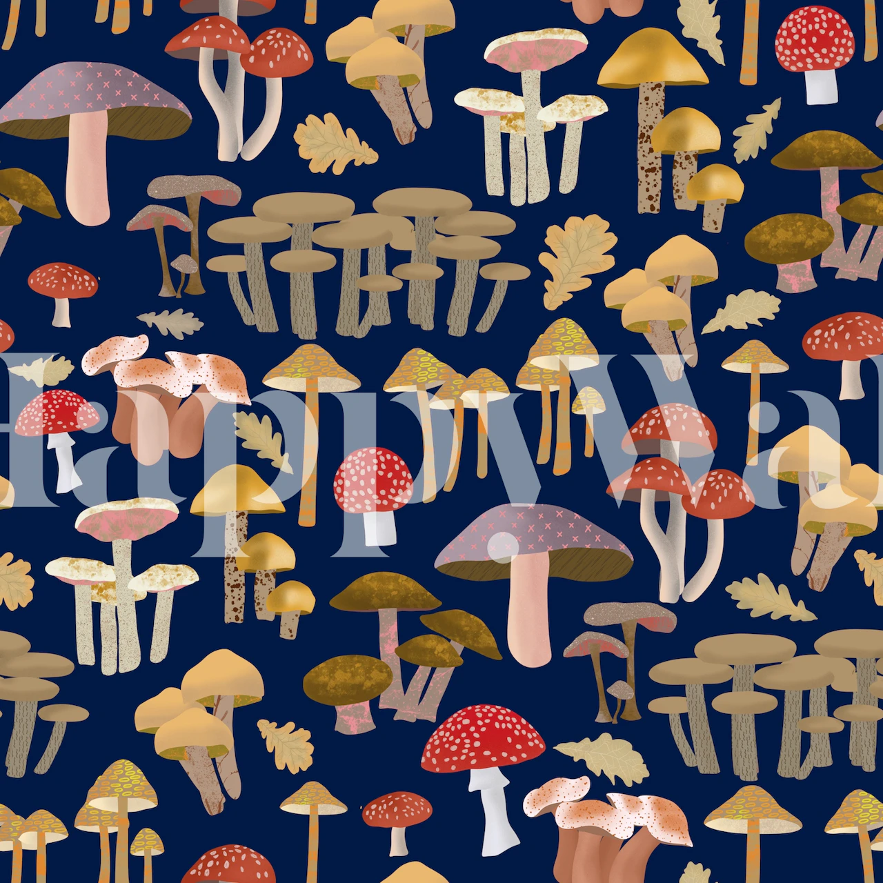 Colorful mushroom illustrations on a navy background wall mural