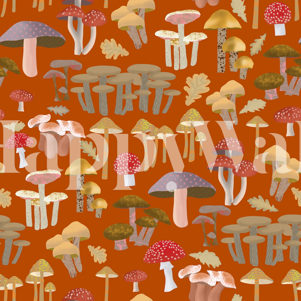 Illustrativt vægmaleri med svampemønster på varm baggrund, med forskellige svampearter.