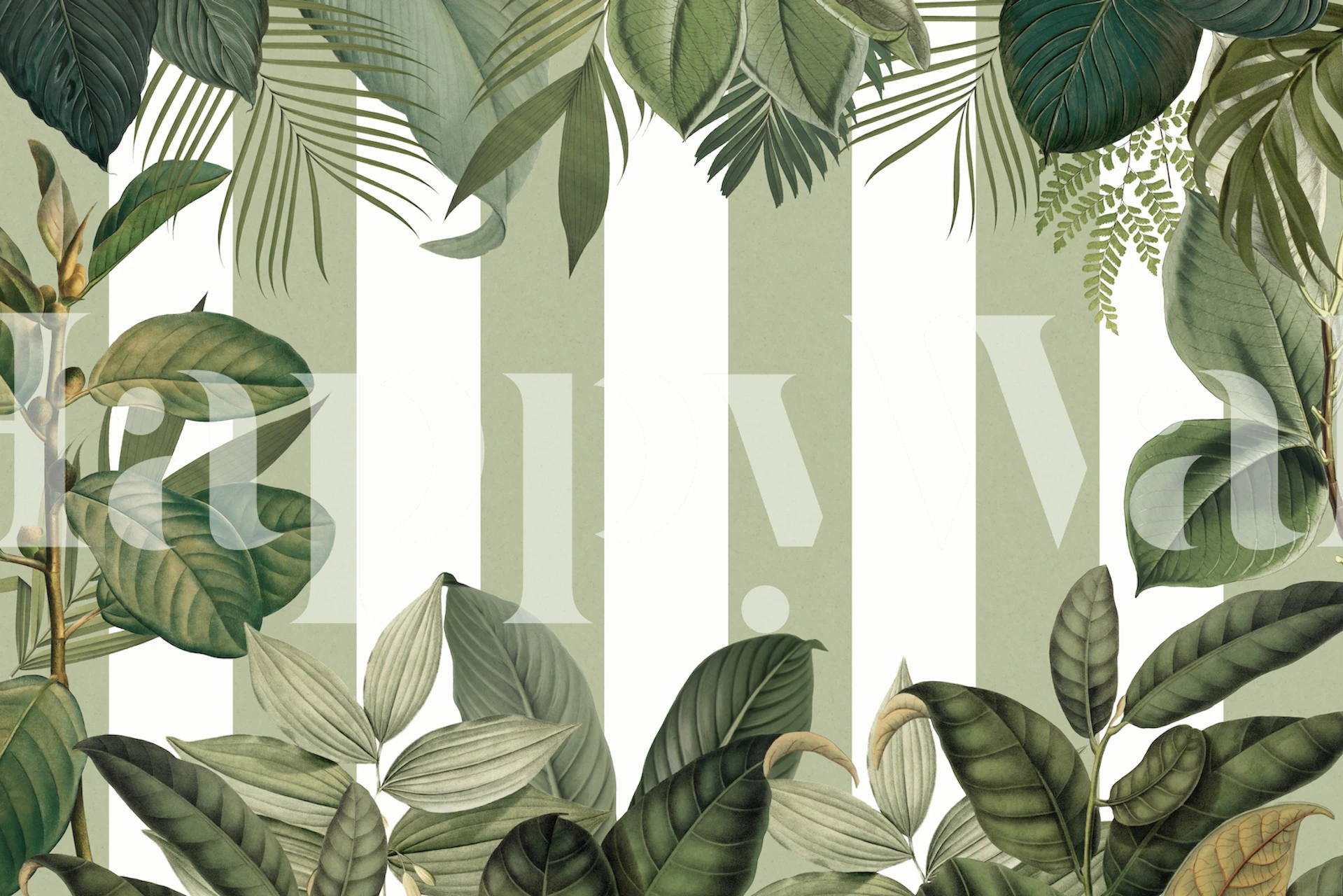 Tropical leaves over vertical stripes for a wall mural
