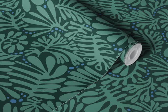 Minimalistic Matisse leaves dark sage greenwallpaper roll