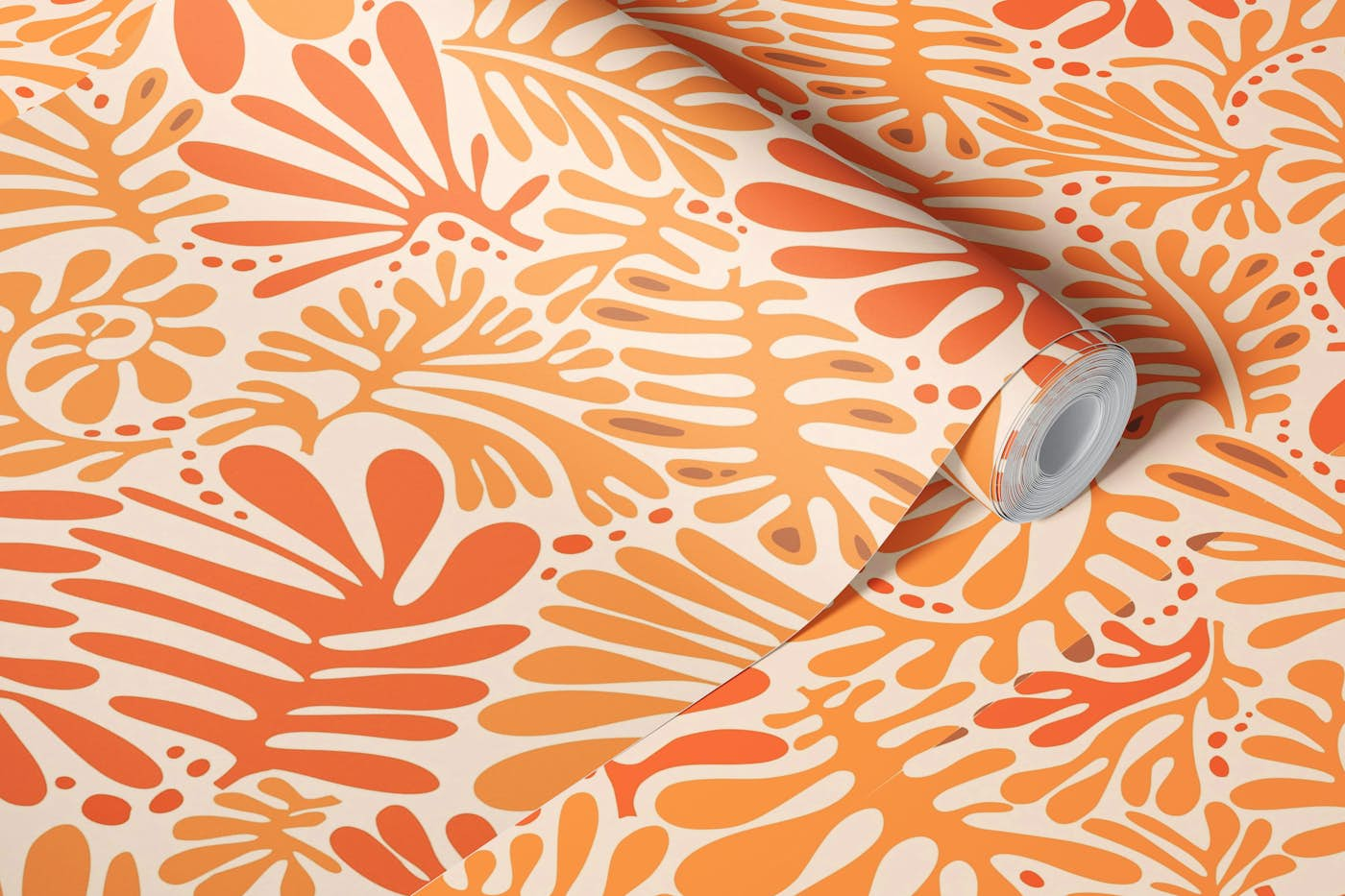 Liquid modern minimalistic Leaves Pattern tangerine orange wallpaper roll