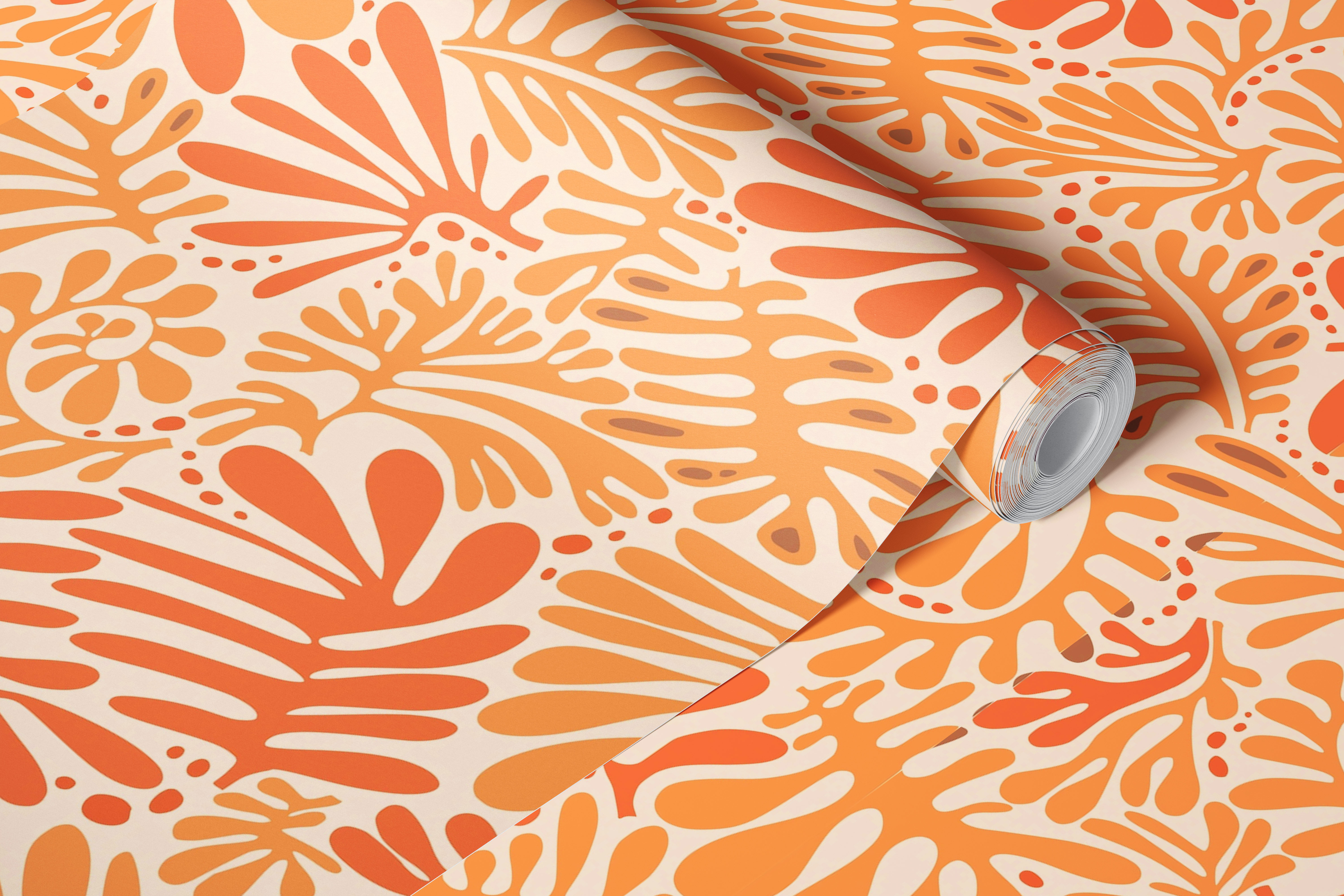 Tangerine orange leaves pattern wallpaper in a room