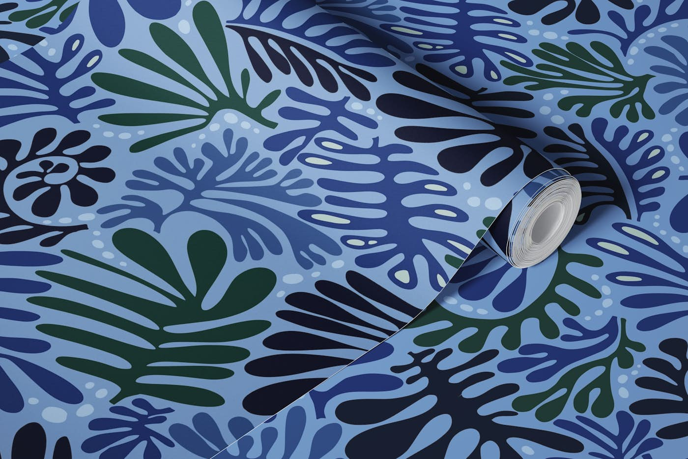 Deep Ocean Leaf: Cutouts middle blue wallpaper roll