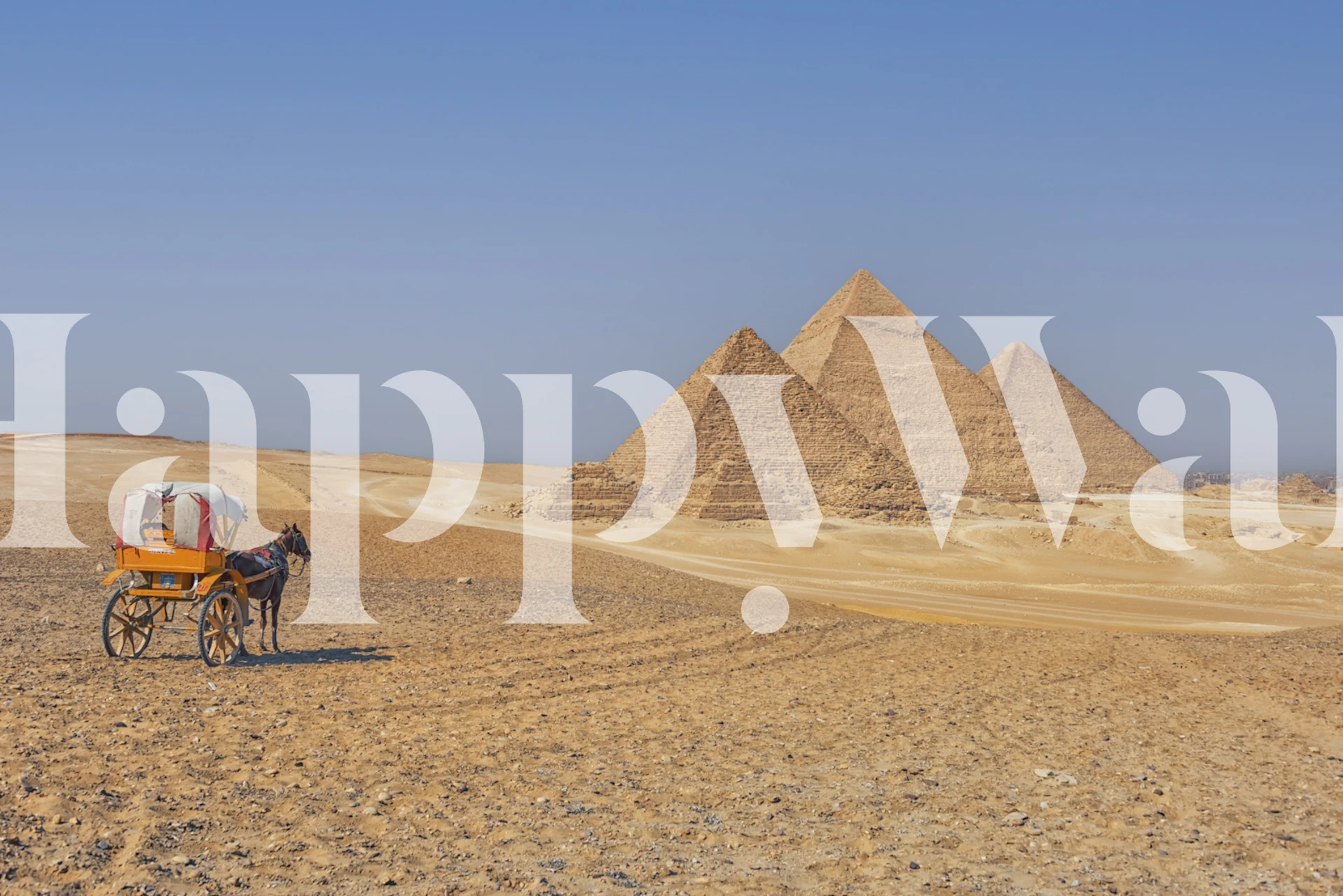 Giza Plateau wall mural featuring the Great Pyramids and a horse-drawn carriage