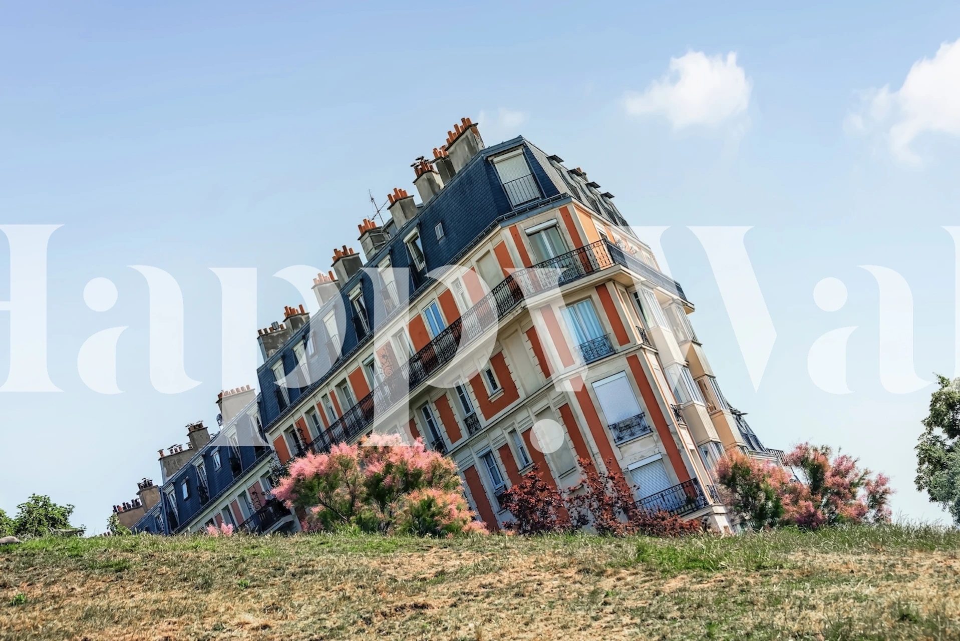 Tilted Parisian building surrounded by greenery wallpaper