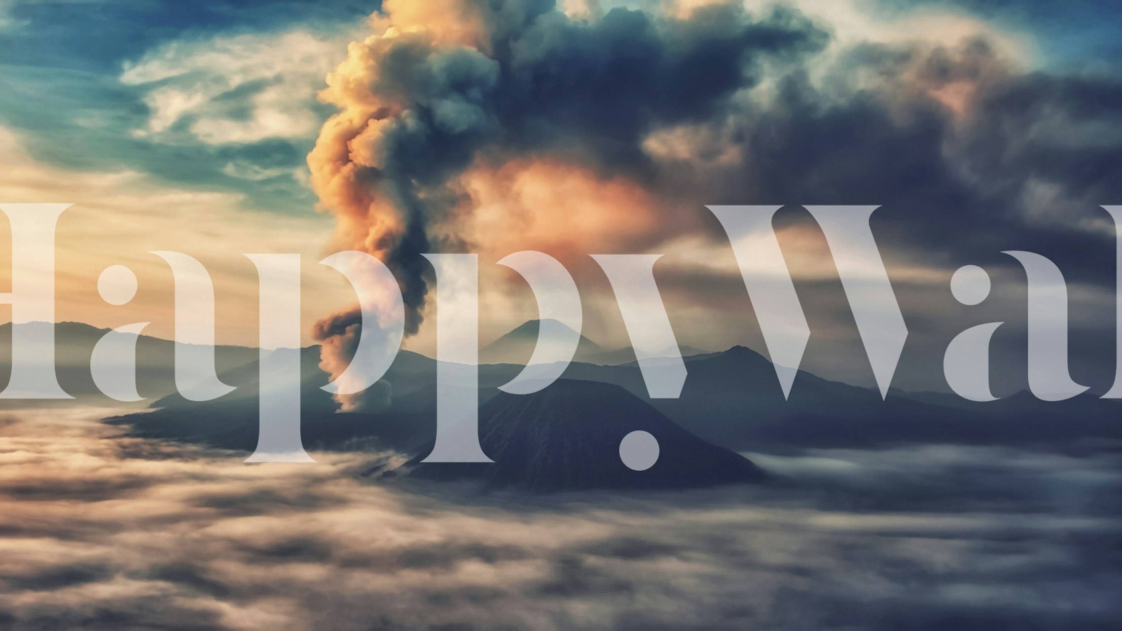 Veggmaleri med vulkanutbrudd med skyer og tåke