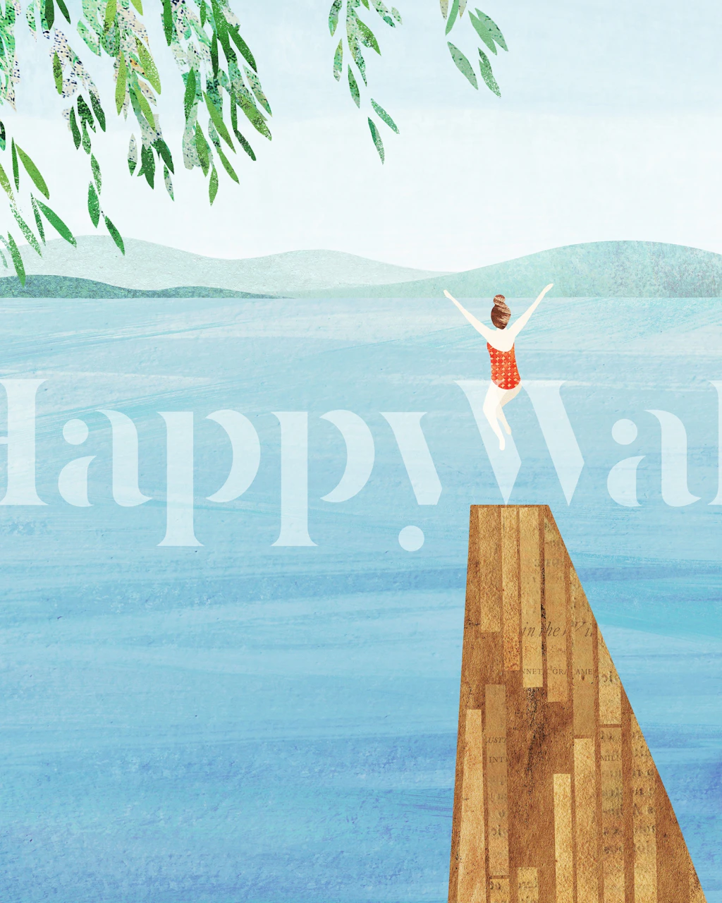 Young girl diving into calm blue water, watercolor style wallpaper