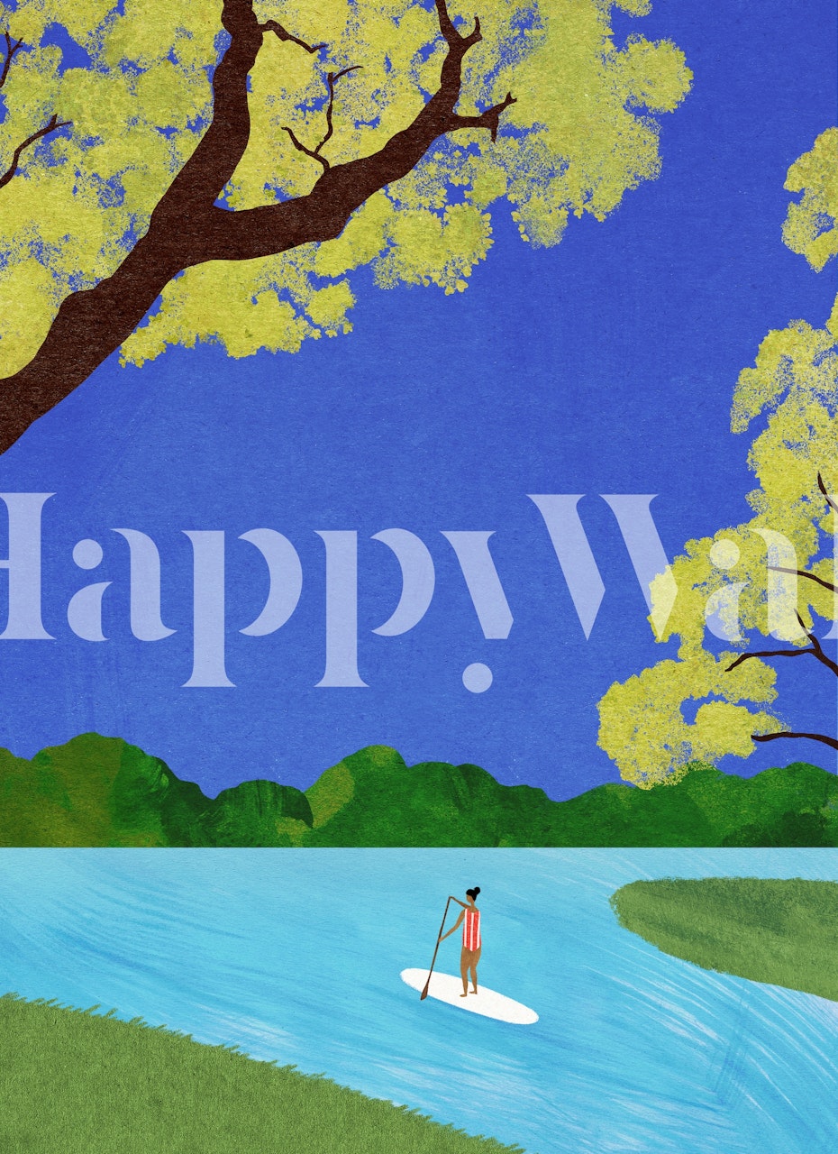 Person paddle boarding on a blue river with green trees and blue sky wallpaper