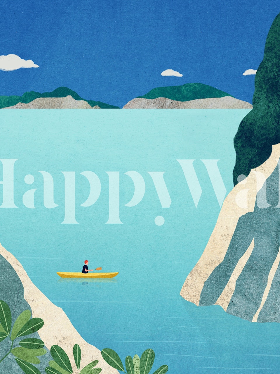 A serene landscape featuring a kayak on blue water, green cliffs, and blue sky wallpaper