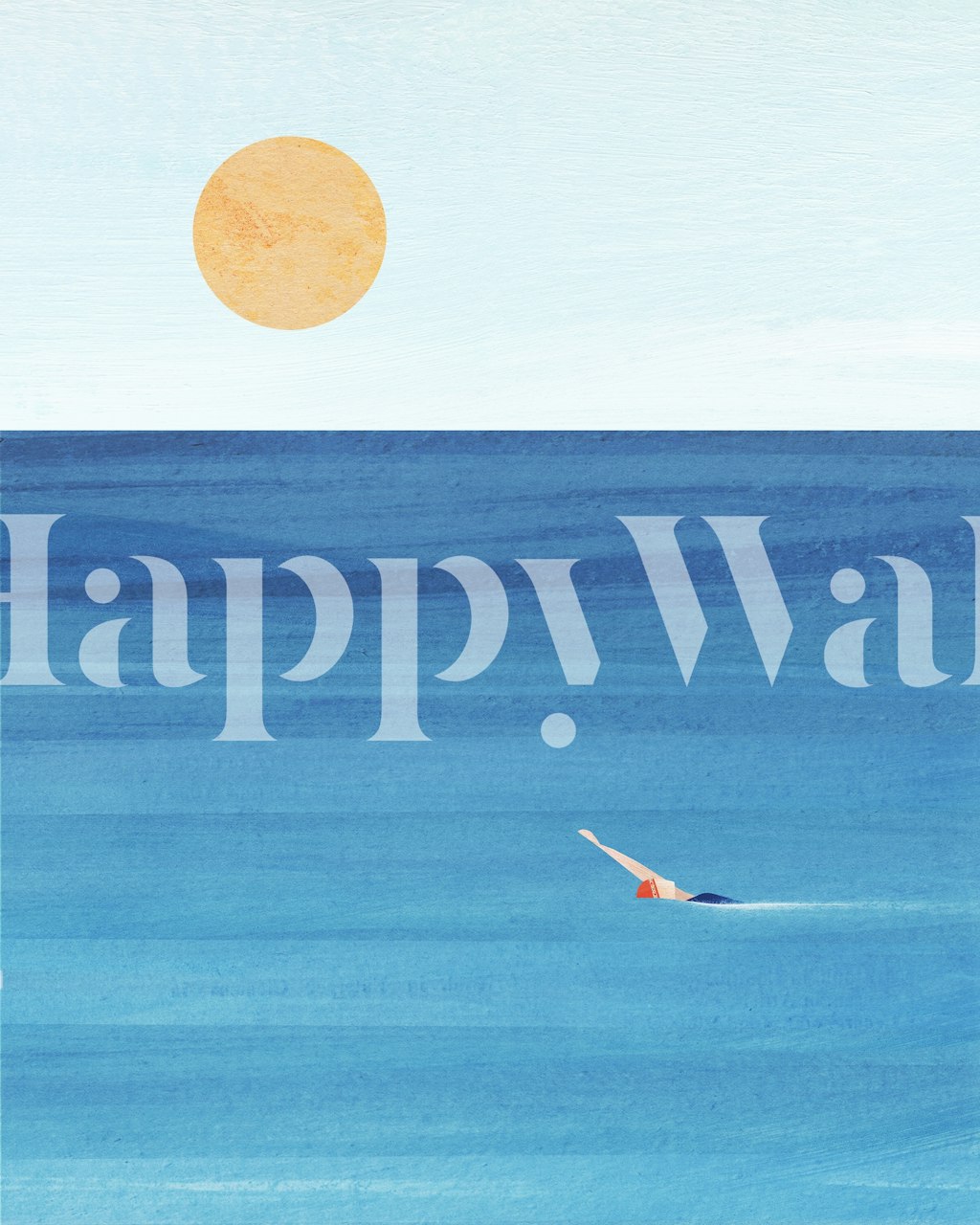 Minimalist seascape wall mural with blue waves, golden sun, and a solitary swimmer
