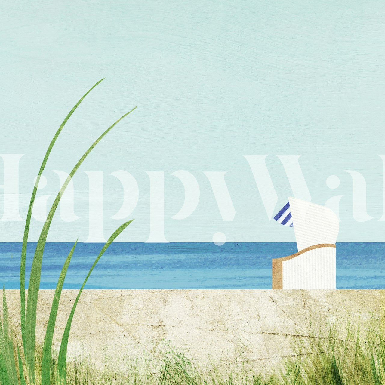 Beach chair by the ocean, blue sky, grass wallpaper
