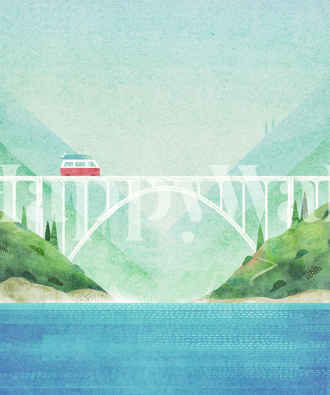 Watercolor illustration of a campervan crossing a bridge in Big Sur with sea and hills backdrop