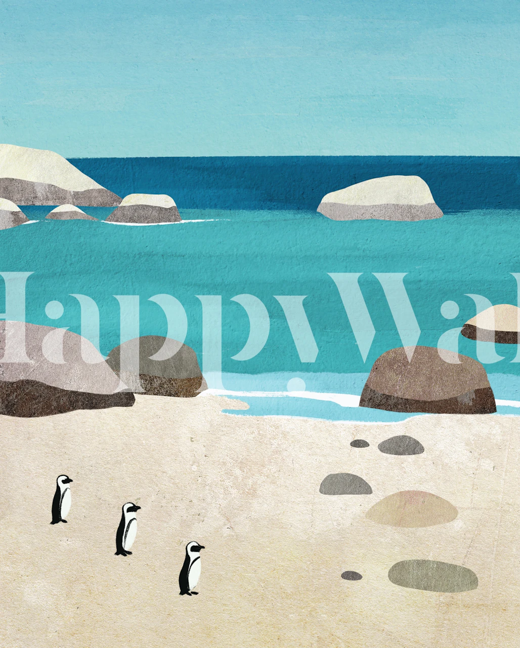 Penguin Beach scene with penguins, rocks, and blue ocean wallpaper