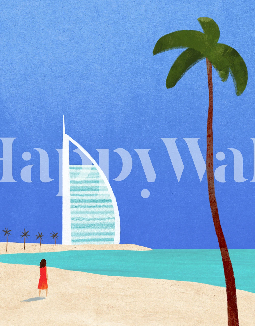 Stylized illustration of Dubai Beach with Burj Al Arab silhouette, palm tree, and a figure on the sand
