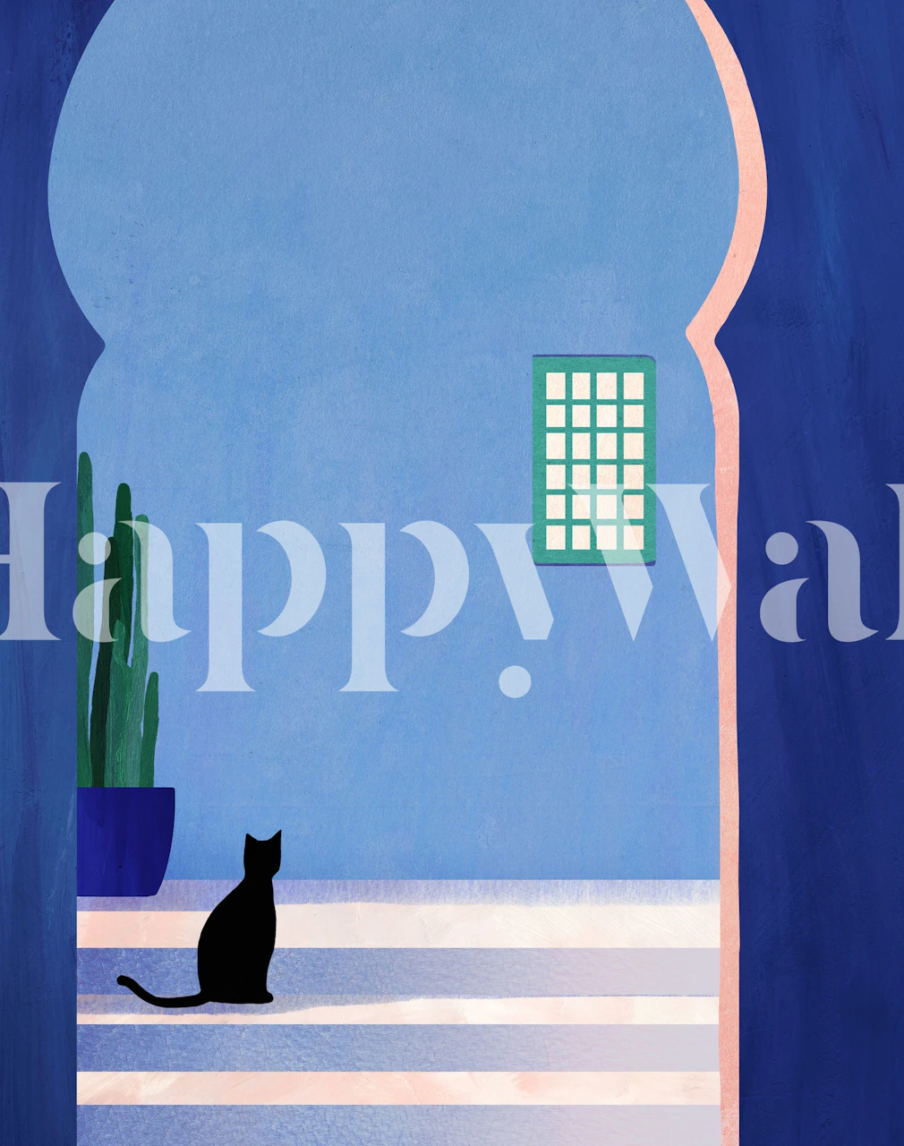 Silhouette of a cat sitting in a Moroccan doorway with a blue background and striped floor wall mural