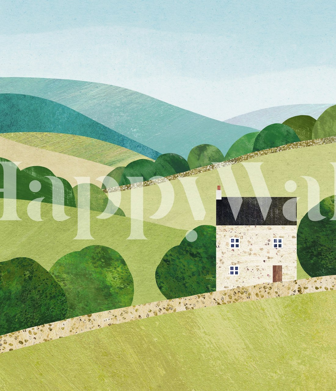Pastoral landscape with rolling green hills and a stone house, blue sky wallpaper