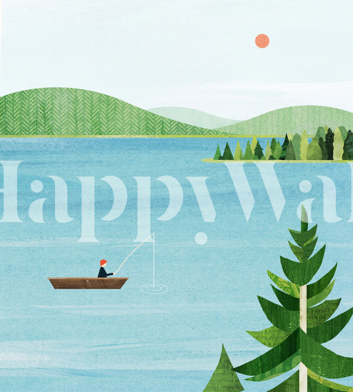 Illustrated wall mural of a person fishing on a calm lake with rolling hills and pine trees