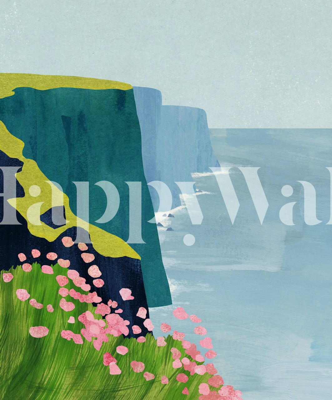Coastal cliffs with pink flowers and ocean wallpaper