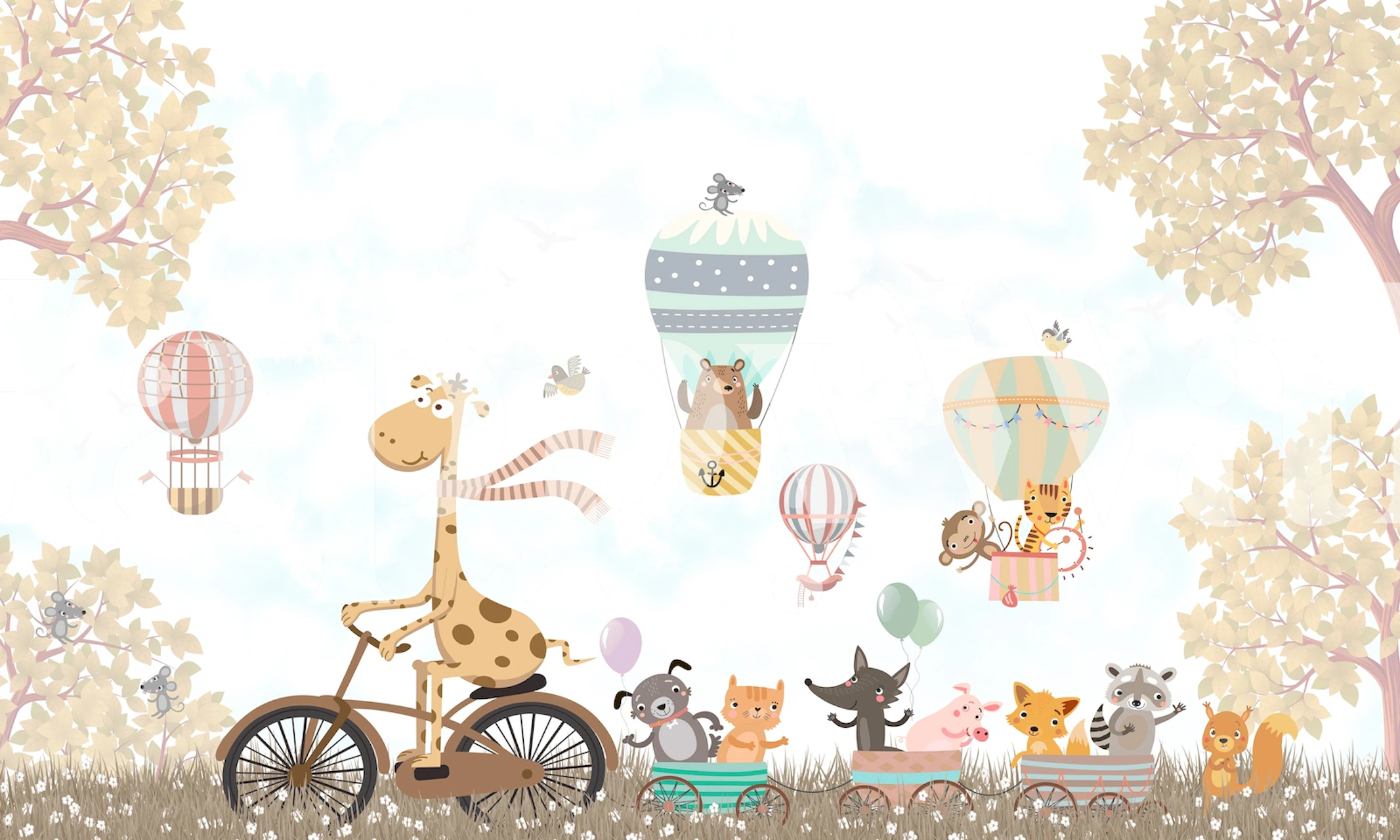 Illustration of animals on a bicycle and hot air balloons in a pastel-colored landscape wall mural