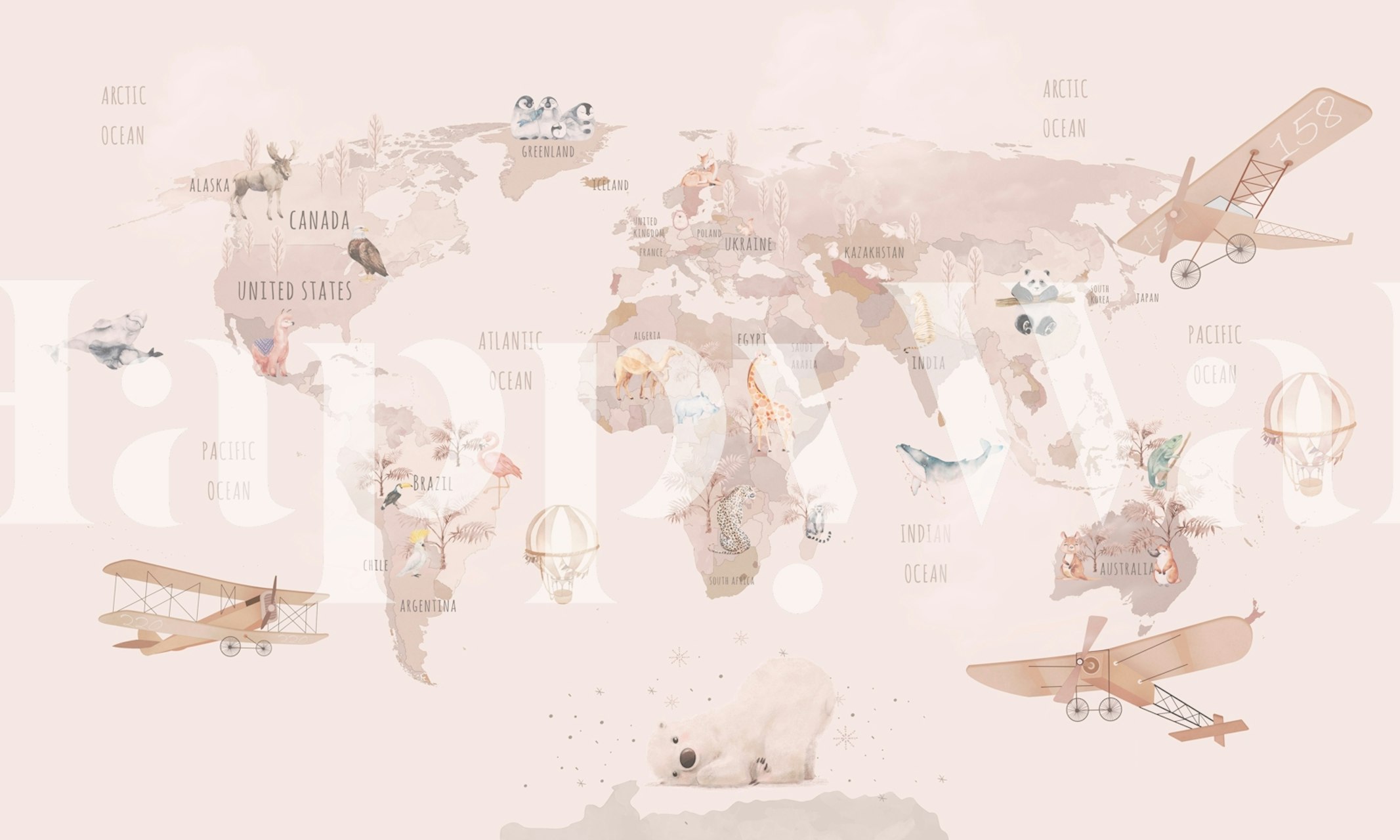 World map with animals and planes in pastel colors, educational wallpaper
