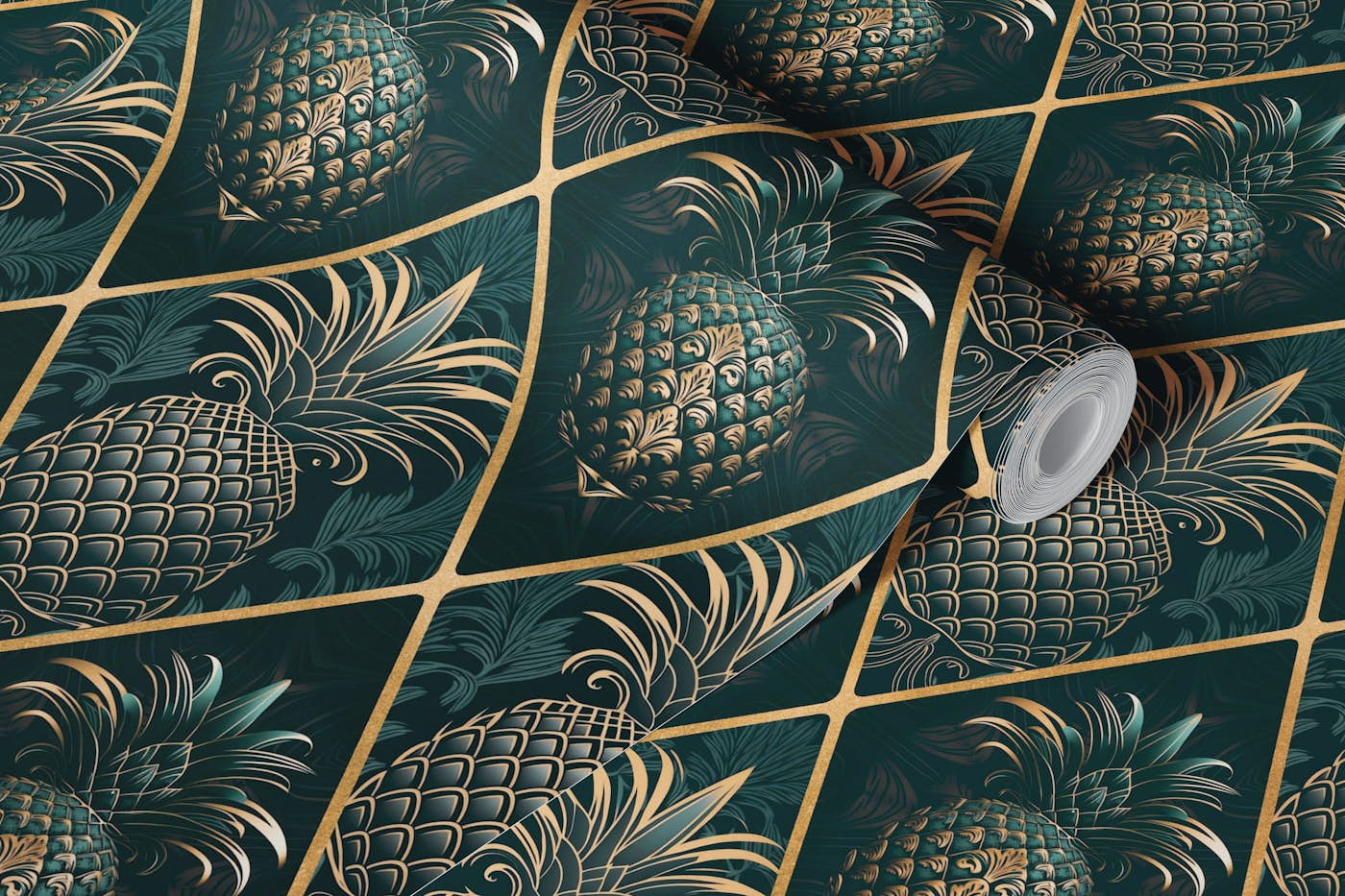 Exquisite Art Deco Pineapple Ornament Teal Gold wallpaper roll