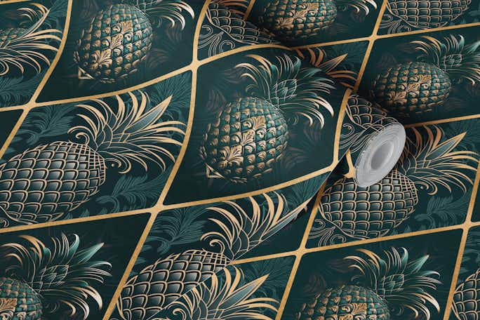 Exquisite Art Deco Pineapple Ornament Teal Goldwallpaper roll