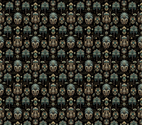 Art Deco Palm Tree Pineapples Teal Gold