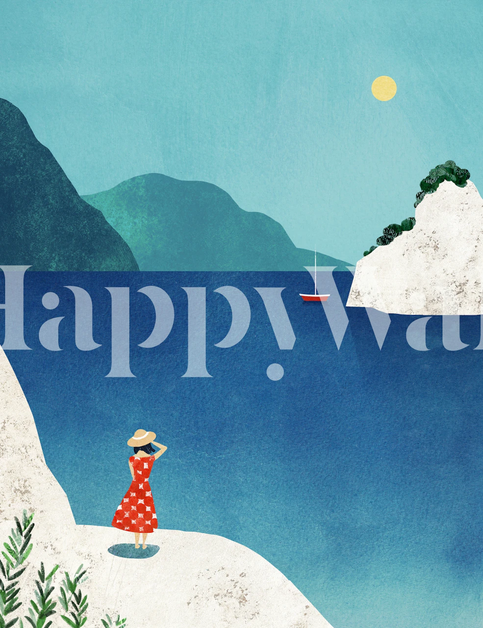 Illustration d'une personne debout sur une falaise surplombant l'océan avec des montagnes et un voilier en arrière-plan.