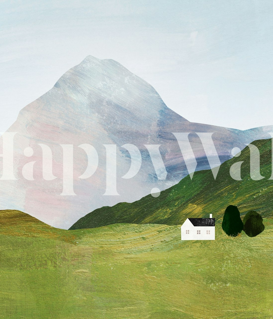 Mountain landscape featuring soft colors and a cabin wallpaper