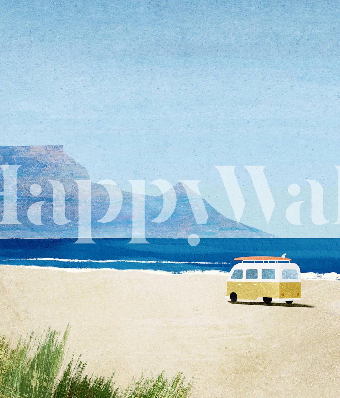 Surf van by the beach with mountains in the background, blue sky, and beige sand wallpaper